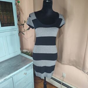 Derek Heart Bodycon Mini Dress Womens Small Black and Grey Striped Short Sleeve